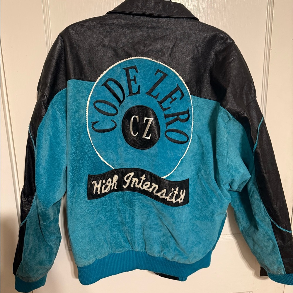 CODE ZERO 'High Intensity' Blue & Black Leather Bomber Jacket